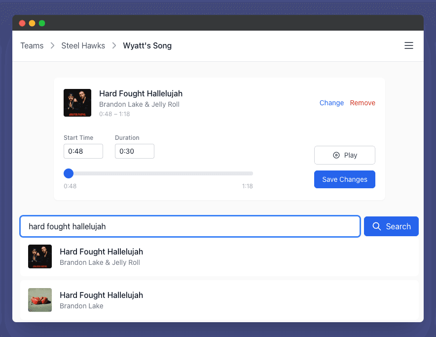 Song selection and customization screen